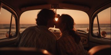 casal num carro ao pôr do sol a beijar-se